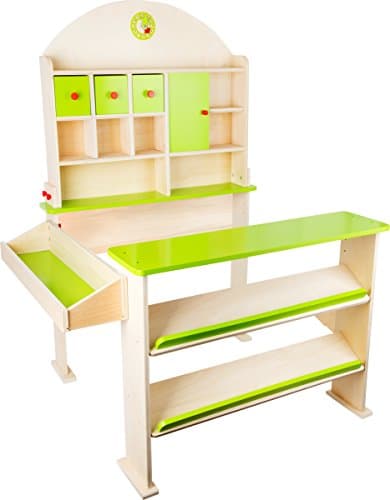 Small Foot 10587 Wooden stall with Several Doors with Handles for All Goods of The Play Shop, Including a Storage Compartment as Well as Sales Counter