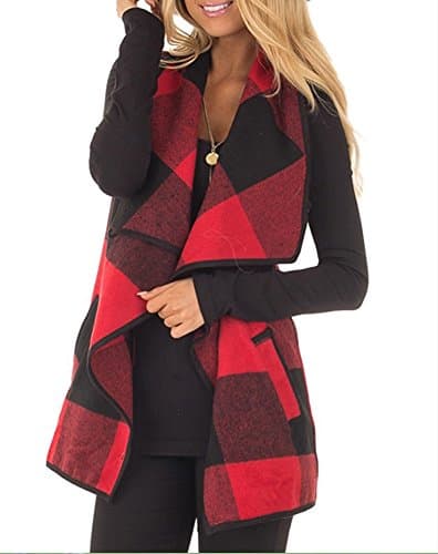 Fanspt Women's Casual Plaid PrintNavy Blue Elbow Patch Draped Open Front Cardigan Sweater Top Size XXL