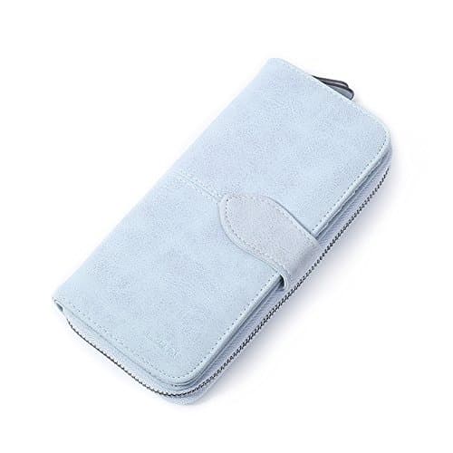 IFUNLE Women Soft Matte Leather Long Wallet Solid Vintage Clutch Large Capacity Classic Business Card Holder Buckle Zipper Coin Pouch Elegant Ladies Travel Purse (Blue)
