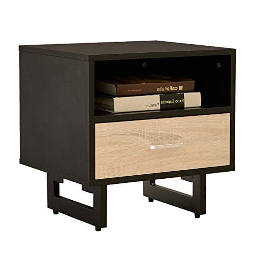 DORAFAIR Bedside Table Cabinet with White Drawer and Storage Shelf,End Table Modern Nightstand with Metal Legs,Black & Wood