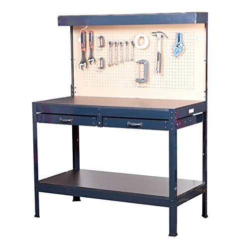 Best Selling Cheap 4' Steel Lighted Workbench With Tool Organizer Pegboard- Super Duty Durable With Built-In Power Strip- Spacious Wood Top Work Surface Two Sliding Drawers- Roomy Lower Storage Shelf