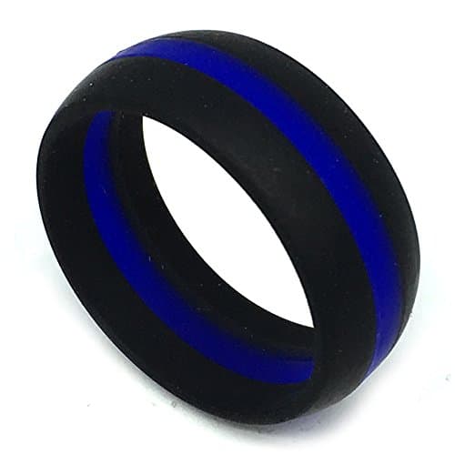SAR - SAFE ACTIVE RINGS - 8MM Men or Ladies Flexible Black with Blue Stripe Police Force Silicon Rubber Wedding Band Ring