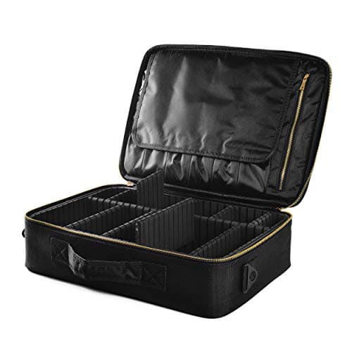 Portable Makeup Case/Bag, 2 Layer 15.4" Length Cosmetic Organizer with Metal Zippers and Free Shoulder Strap, Black