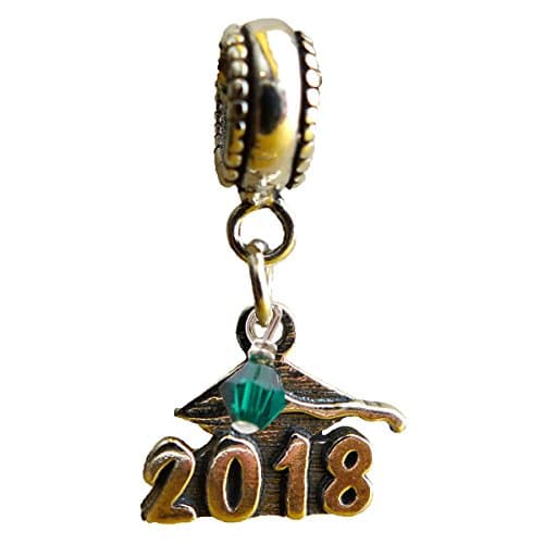 Graduation Cap 2018 May Emerald Birthstone Sterling Silver Dangle Charm Bead