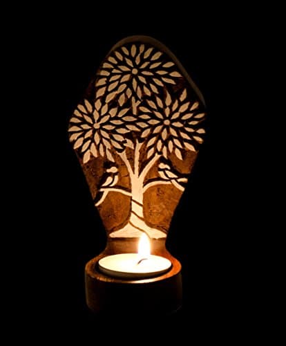 Handmade Tealight Holder, Rustic &amp; Unique | Fits Counter-Top or Wall | Made From Carved Rosewood Print Block | Oak Tree Pattern | 3" (L) x 3.8" (W) x 5.6" (H)