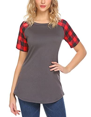 JQstar Plaid Raglan Color Block Checkered Patterns Gingham Top Blouse For Womens(Red,S)