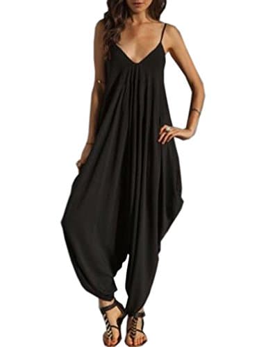 Women's Thin Spaghetti Strap Romper Baggy Harem Jumpsuit Playsuit Black L