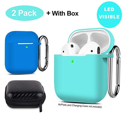 AirPods Case [Front LED Visible] Silicone Case Cover Ultra Thin Protective Case Skin with Keychain for Apple AirPods 2 & 1 Charging Case 2 Pack [Supports Wireless Charging]