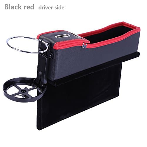Malcam Multi-fuctional Car Seat Leather Storage Box, Console Side Pocket, Gap Catcher with Coin Organizer and Cup Holder(Black and Red,Driver side)