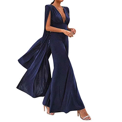 Mitiy Women's Elegant Plunging Neck Cloak Sleeve Solid Color Party Jumpsuit Romper