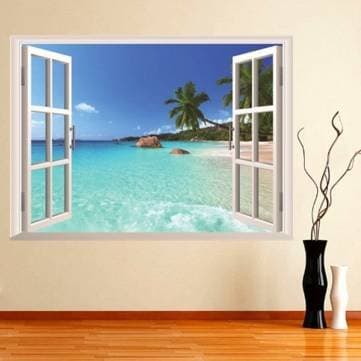 UR Home Decor 3D Hawaii Holiday Seaview Beach Window View Decal Wall Sticker