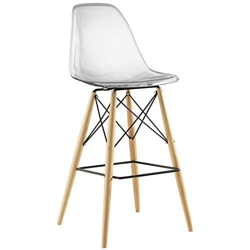 Modway Pyramid Mid-Century Modern Bar Stool with Natural Wood Legs in Clear