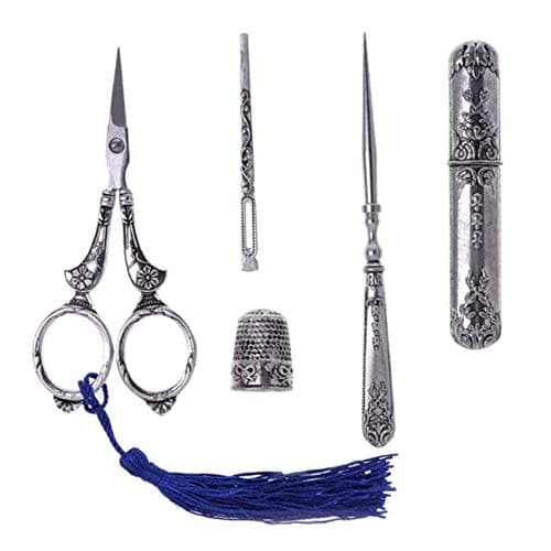 Doublele Sewing Scissors Set Vintage Embroidery Tool Alloy Awl Threader Thimble Needle Case Kit