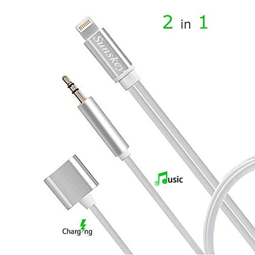 iPhone 8/ 8 Plus Aux and Charger Adapter, Sunskey Lightning to 3.5mm Audio Cord with Extension Lightning Charging Cable for iPhone X / 7 / 7 Plus to Home / Car Stereos Support iOS 11 ( Silver, 1M)