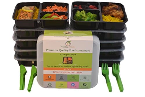 Meal Prep Concepts 3 Compartment Food Storage Containers with Lids, Microwaveable Dishwasher Safe Reusable Stackable Bento Box Style that is BPA Free, 36-Ounce set of 10 with Bonus Cutlery.