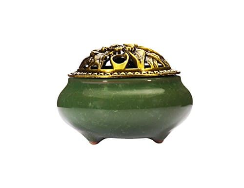Dark Green Ceramic Stick Incense Burner and Cone Incense Holder with Brass Alloy Cover