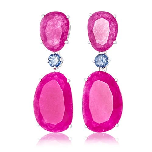 Solid Gold 14K Drop Earrings of Red Chalcedony and Blue Sapphire set in 14K White Gold with post back