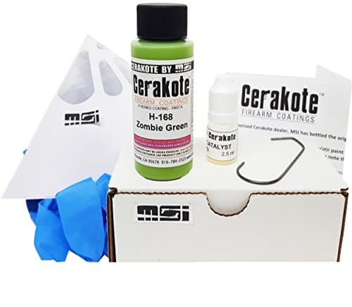 Zombie Green H-168 Oven Cure, MSI Ceramic Firearm Paint Bundle, includes 7 items: 45ml Ceramic Paint, Catalyst, Strainer, Gloves, Hanging hook, instructions and link to MSI instructional video.