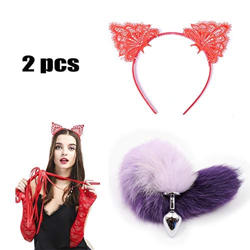 MDZI Stainless Massaging Wand Plug Anale - Beginner Starter Set - 100% Medical Grade Stainless Steel Fox Tail Headband Headwear 2 PCS for Prom Party Costume Cosplay Lover Gitf Kit RED&PURPLE