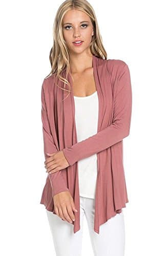 Encler Women's Basic Solid Long Sleeve Open Front Draped Cardigan Wrap Sweater USA (Large, Dusty Rose)