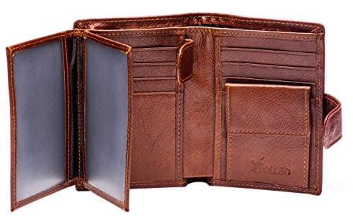 Men's RFID Large Leather Trifold Wallet Snap Closure 3 ID Windows (Reddish Brown)