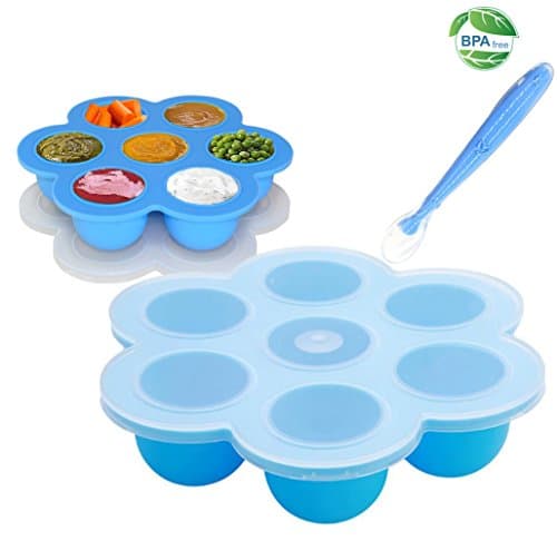 Vabau Silicone Egg Bite Molds,Baby Food Storage Container,Freezer Ice Cube Tray with Clip-on Lid and Bonus Spoon for 5/6/8qt Instant Pot- BPA Free,Microwave Dishwasher Safe-Blue