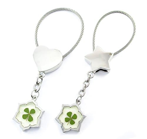 Genuine Four-leaf Lucky Clover Crystal Amber Engravable Key Chain, Classic Hexagon Flower (3. Matching Pair)
