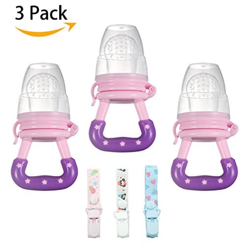 Baby Fresh Food Feeder  (Pink) with Adjustable Pacifier Clips 3 Packs, Fruit Food Nipple Teething Training Toy and Tableware, Silicone Pouches for Toddlers