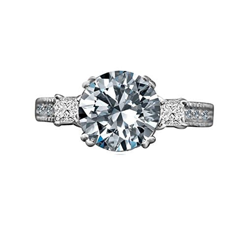 Diamond Veneer - Three Stone Sterling Silver Ring with Round Center Simulated Diamond Engagement Ring (Clear, 8)