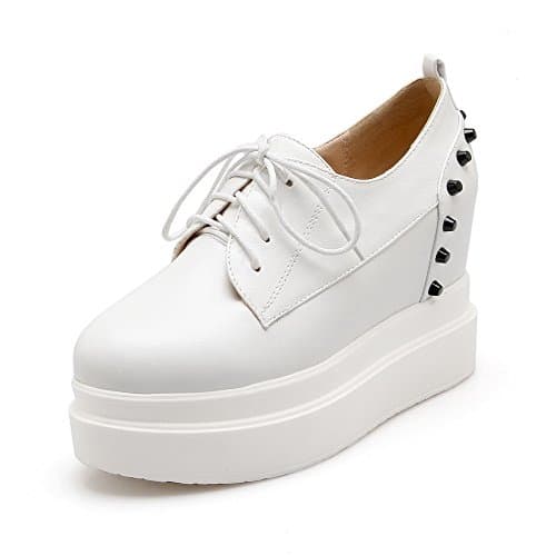 WeenFashion Women's Round Closed Toe High Heels Solid Lace up Pumps-Shoes