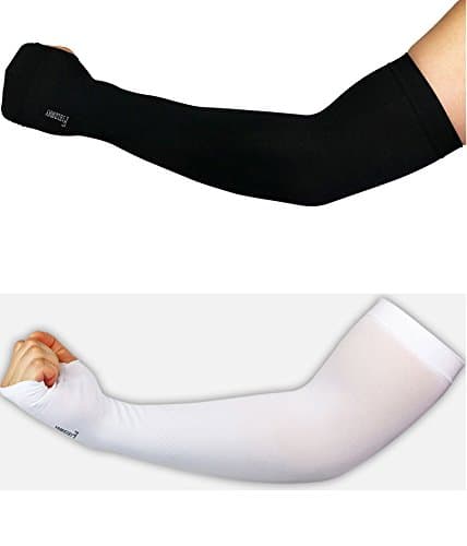Compression Arm Sleeves Sun Block UV Protection Cooler Band Driving Cycling Runing Fising Golfing Hiking Hand Cover Arm Sleeves 2 Pair (White + Black)