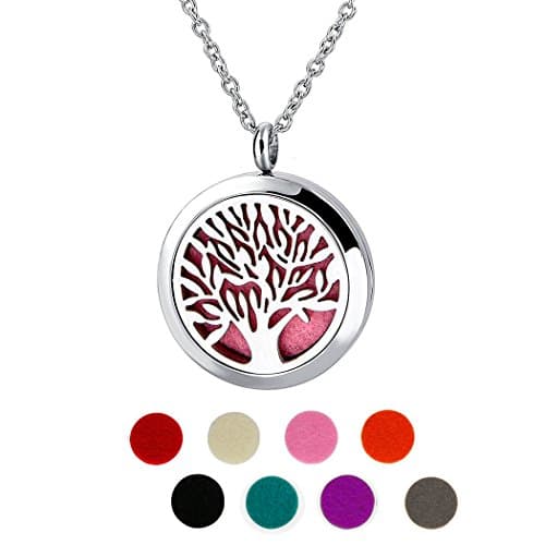 Tree Of Life Locket Pendant -Aromatherapy Essential Oil Diffuser Necklace -Hypoallergenic 316L Surgical Stainless Steel, 8 Color Pads, 24"Chains and Gift Box-Best Gift For Friends, Birthdays, Holidays
