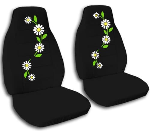 2 Black seat covers with "Daisies" for a 2012 Nissan Sentra. Side airbag friendly.