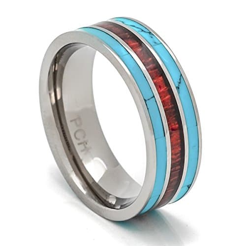 Titanium Turquoise Koa Wood Ring 8mm 3 Row Wedding Band or Gift