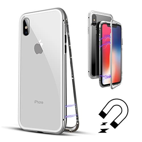 iPhone X Case, MFEEL Ultra-Thin Slim Fit Magnetic Adsorption Technology Metal Frame Clear Tempered Glass Back Support Wireless Charging with Built-in Magnet Flip Cover for Apple iPhoneX iPhone 10