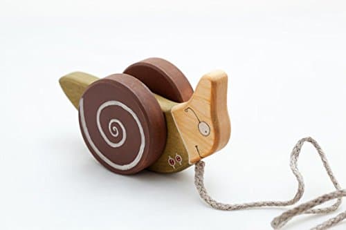 Pull-Along Hand-Crafted Birch Wood Non-Toxic Snail Toy, Green