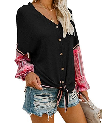 Unidear Womens Button Down V Neck Tie Front Long Sleeve Loose Fitting Henley Top
