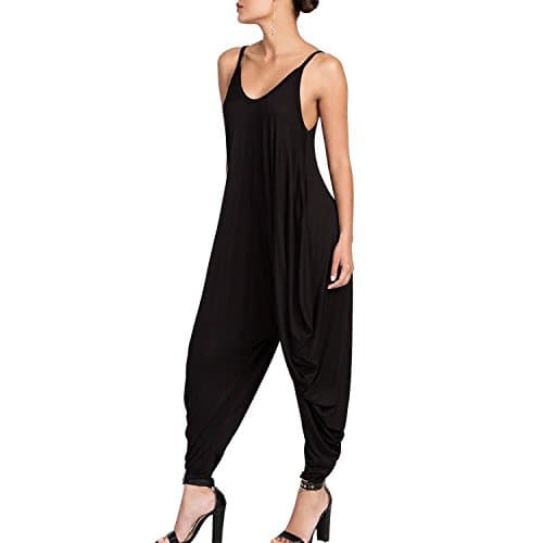 Nice Women's Punk Spaghetti Strap Jumpsuit V Neckline Comfy Loose Harem One Piece Romper,Large,Black