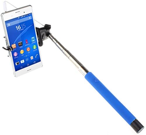 Selfie Stick. Camera Stick. Compatible with all iPhone, Samsung &amp; Android smartphones. Use as a Monopod for camera. Connects to headphone jack. Get your EASY Selfie Stick Now! BLUE w/ Flat Phone Stand