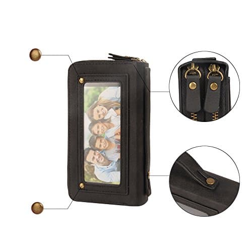 Iphone8/7 Plus Zipper Wallet Case, Multi-function Purse Removable Back Cover With Strong Magnetic, Dual Zipper Cash Storage And Card Slots Case With Mirror Hand Strap for Iphone 8/7 Plus_Black