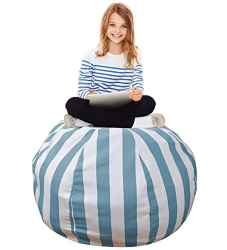 Stuffed Animal Storage Bean Bag –Extra Large Organization Sack Chair- Premium Quality Cotton Canvas- Easy Solution for Extra Toys / Blankets / Covers / Towels / Clothes -38 inches, Navy Blue Striped