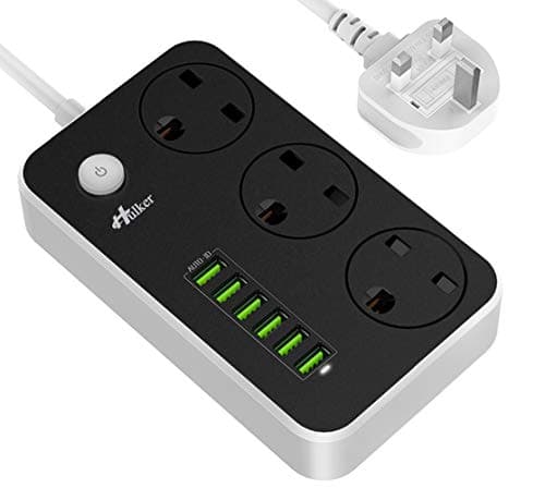 Extension Lead with USB ports 3 Way Outlets 6 USB Ports Surge Protection Power Strip UK Power Socket with 2 Meter Bold Extension cord With Fuse and Shutter Power strips (Black-UK Socket)