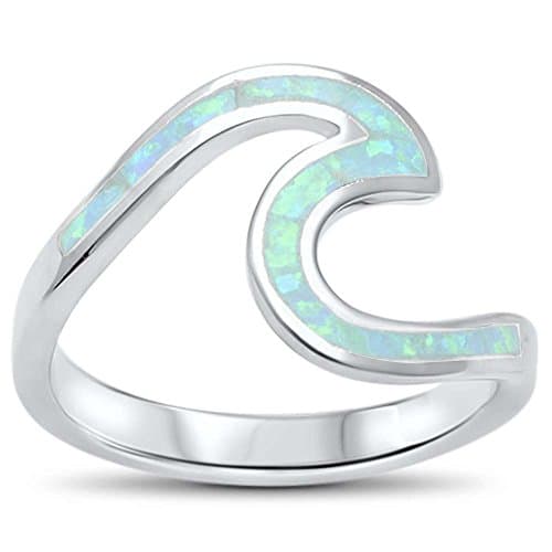 Wave Ocean Beach Lab Created White Opal .925 Sterling Silver Ring sizes 4-10 (5)