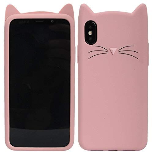 YES2GOOD 3D Mustache Cute Cat Kitty Ears Meow Soft Hello Kitty Silicone Rubber Back Cases Cover for Apple i-Phone XS MAX (Baby Pink)