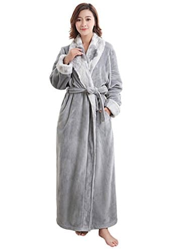 WSSM Robe Velour Chevron Texture Plush Soft Warm Fleece Long Bathrobe Robe for Women M-grey