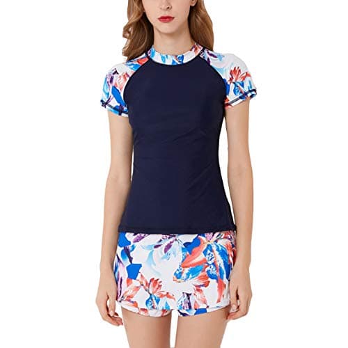 Previn Women's Surf Rash Guard Short Sleeve Zip Front Sun ProtectionTwo Piece Boyshort Swimsuit