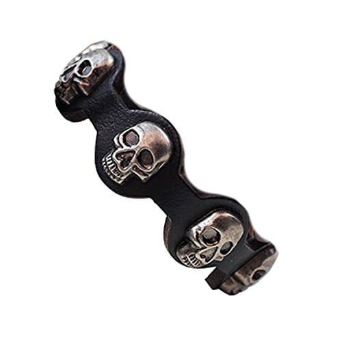 ️ Black 5 Skull Bone Leather Bracelet Fits 7 or 8-inch Biker Snap-on Punk Goth Fashion