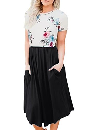 Womens Short Sleeve Pocket Floral Print Patchwork Casual Swing Midi Dress