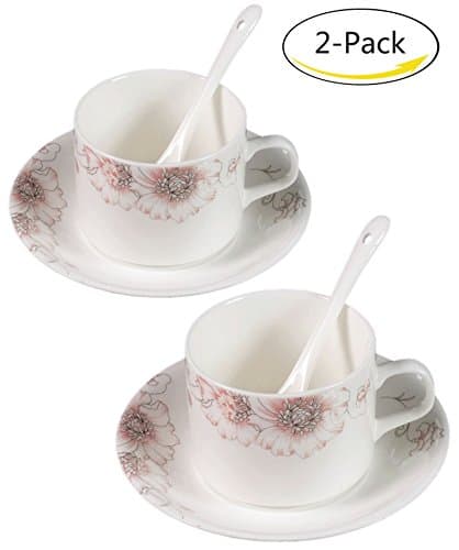 BandTie (2-Pack) 5 OZ Tea Coffee Brewing System-Chinese Jingdezhen Blue and White Porcelain Coffee Cup/Espresso Cup/Cappuccino Cups/Coffee Mug 3-Piece Set with Spoon and Saucer,Pink Flowers