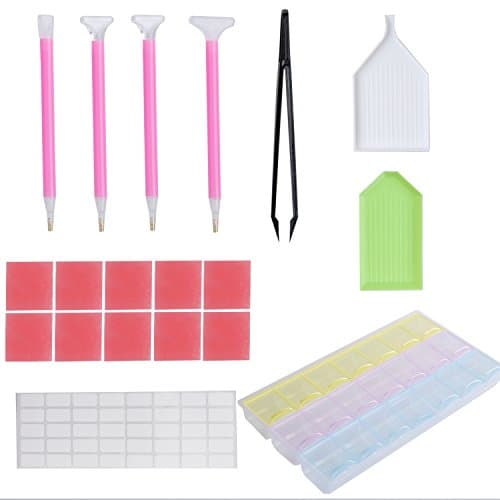 5D Diamond Painting Tools Kit, DIY Stitch Pen Cross Stitch Embroidery Tools with Label ,Tweezers, Glue, Plastic Tray and Diamond Embroidery Box for Art Craft (58PCS)by HaWenny